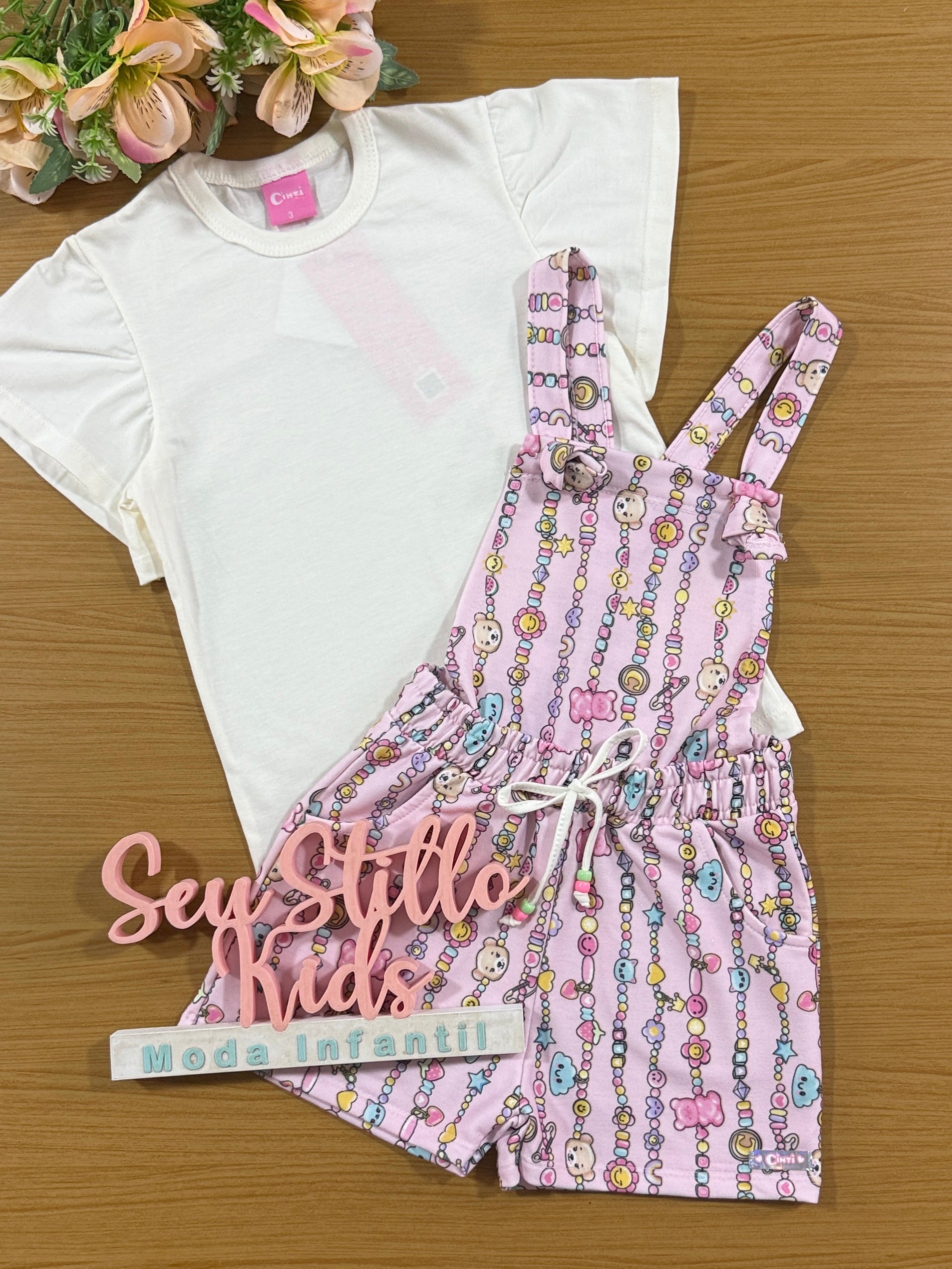 Jardineira Infantil Cinti Verão Rosa e Blusa Off White