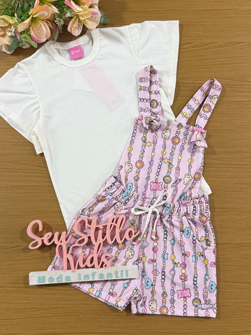 Jardineira Infantil Cinti Verão Rosa e Blusa Off White