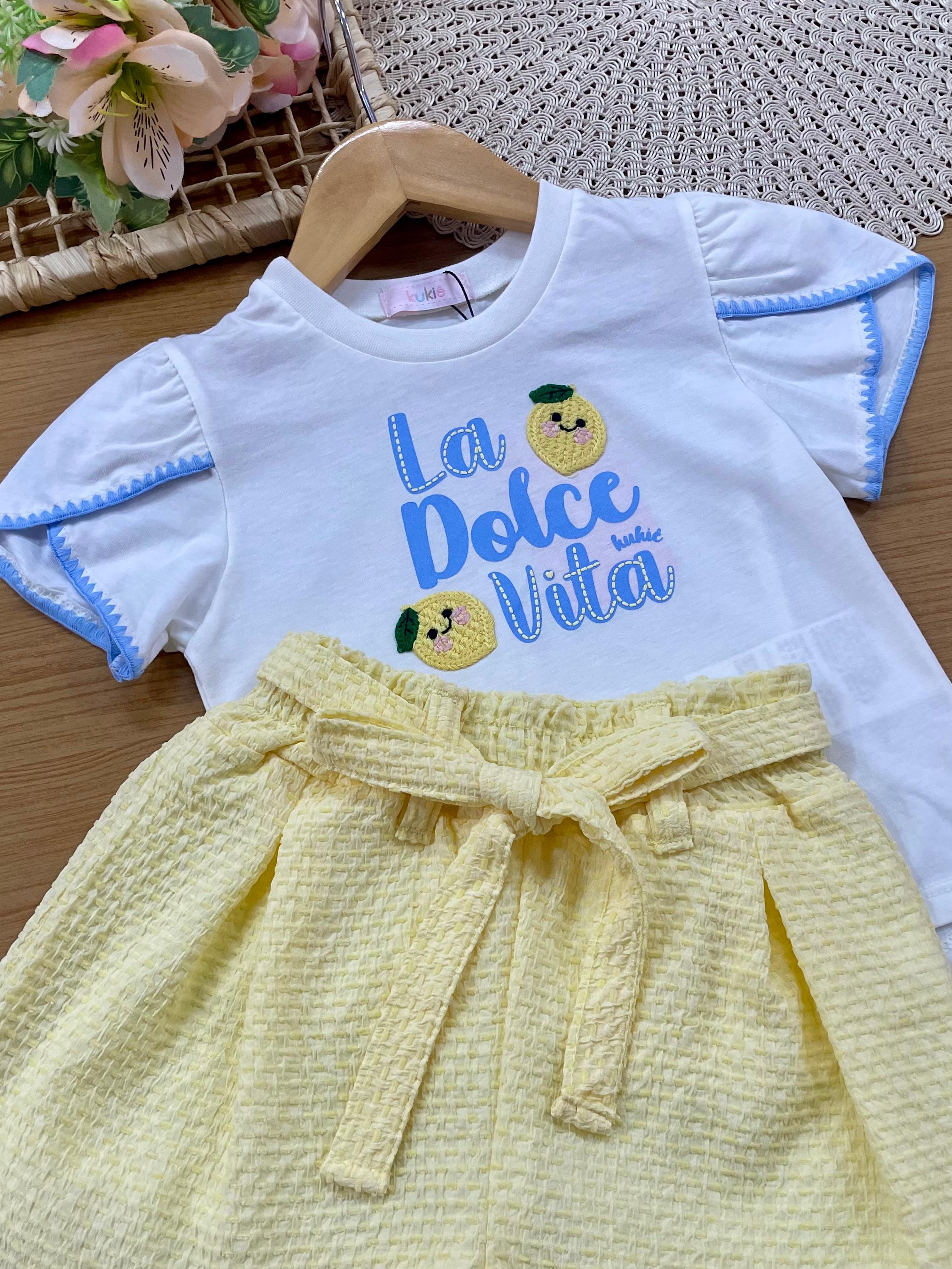 Conjunto Infantil Menina Kukiê com Shorts Amarelo e Blusa Branca La Dolce Vita