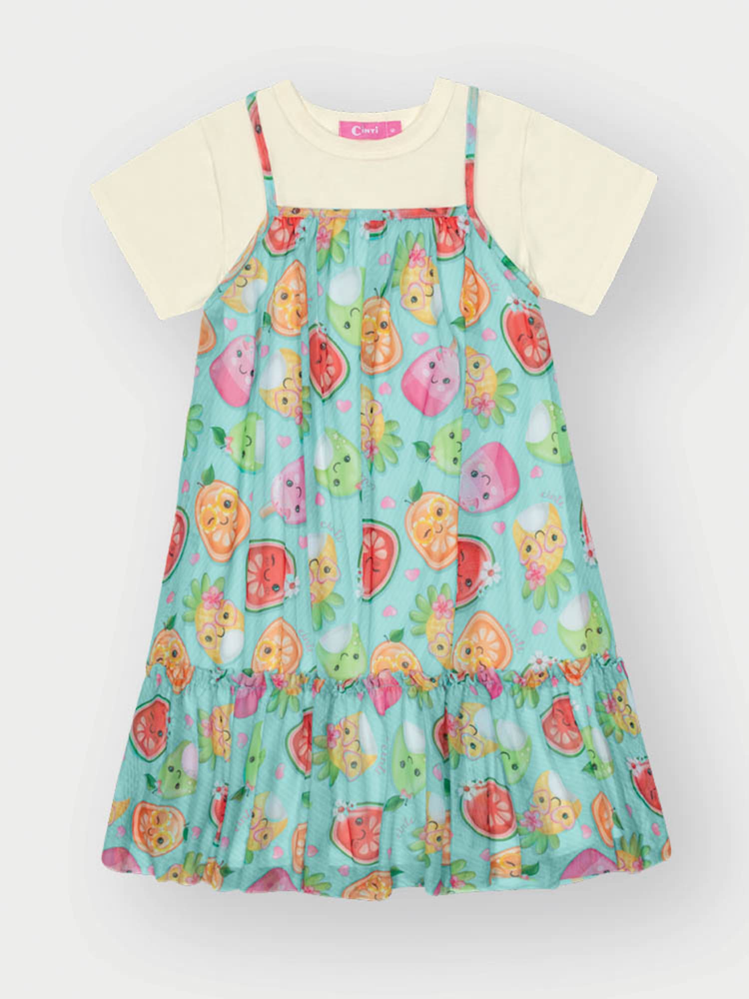 Vestido Infantil Cinti Verão com Pulseira e Sobreposição Azul Frutinhas