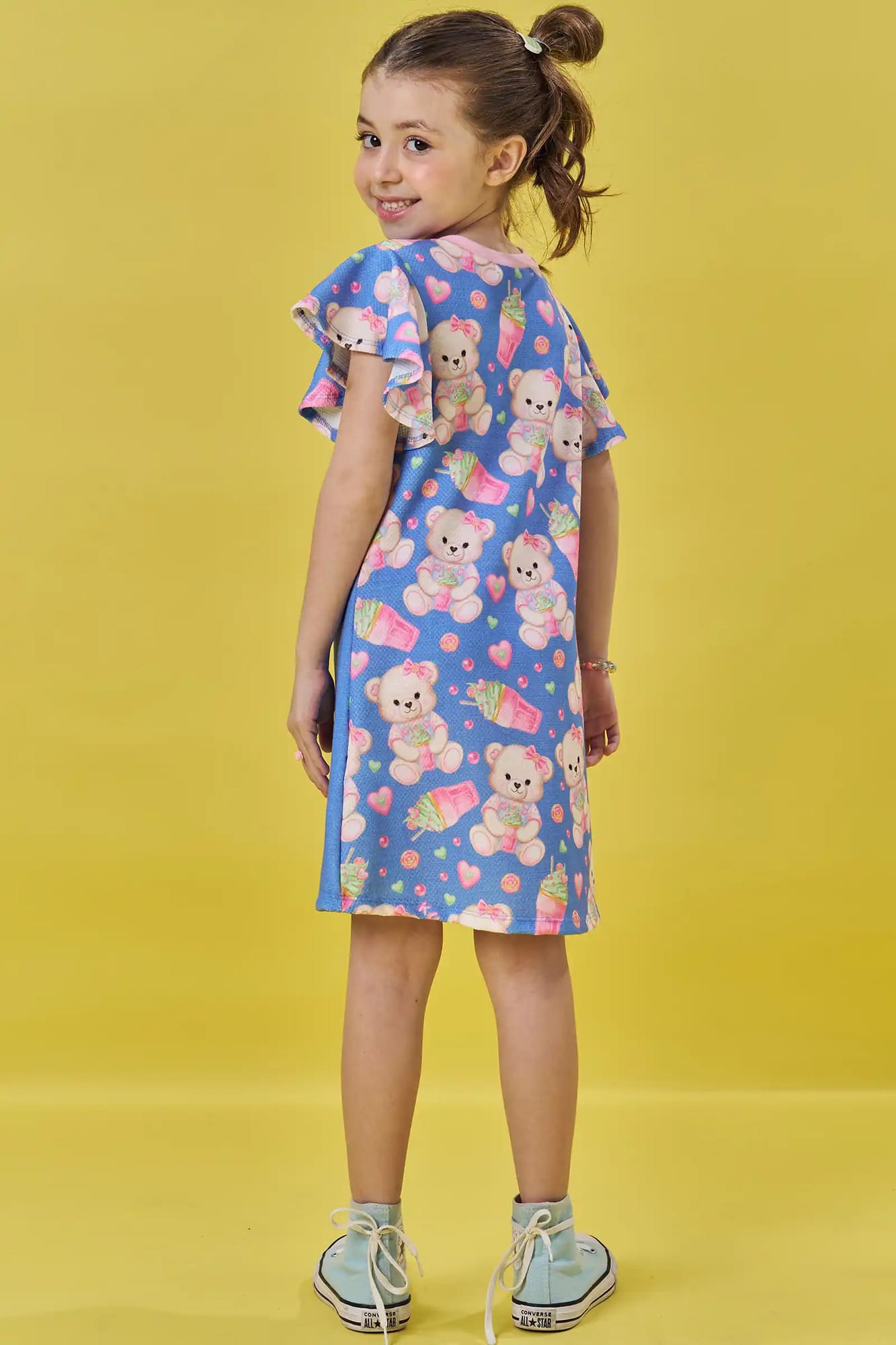 Vestido Infantil Kukiê Verão Azul Ursinha com Strass