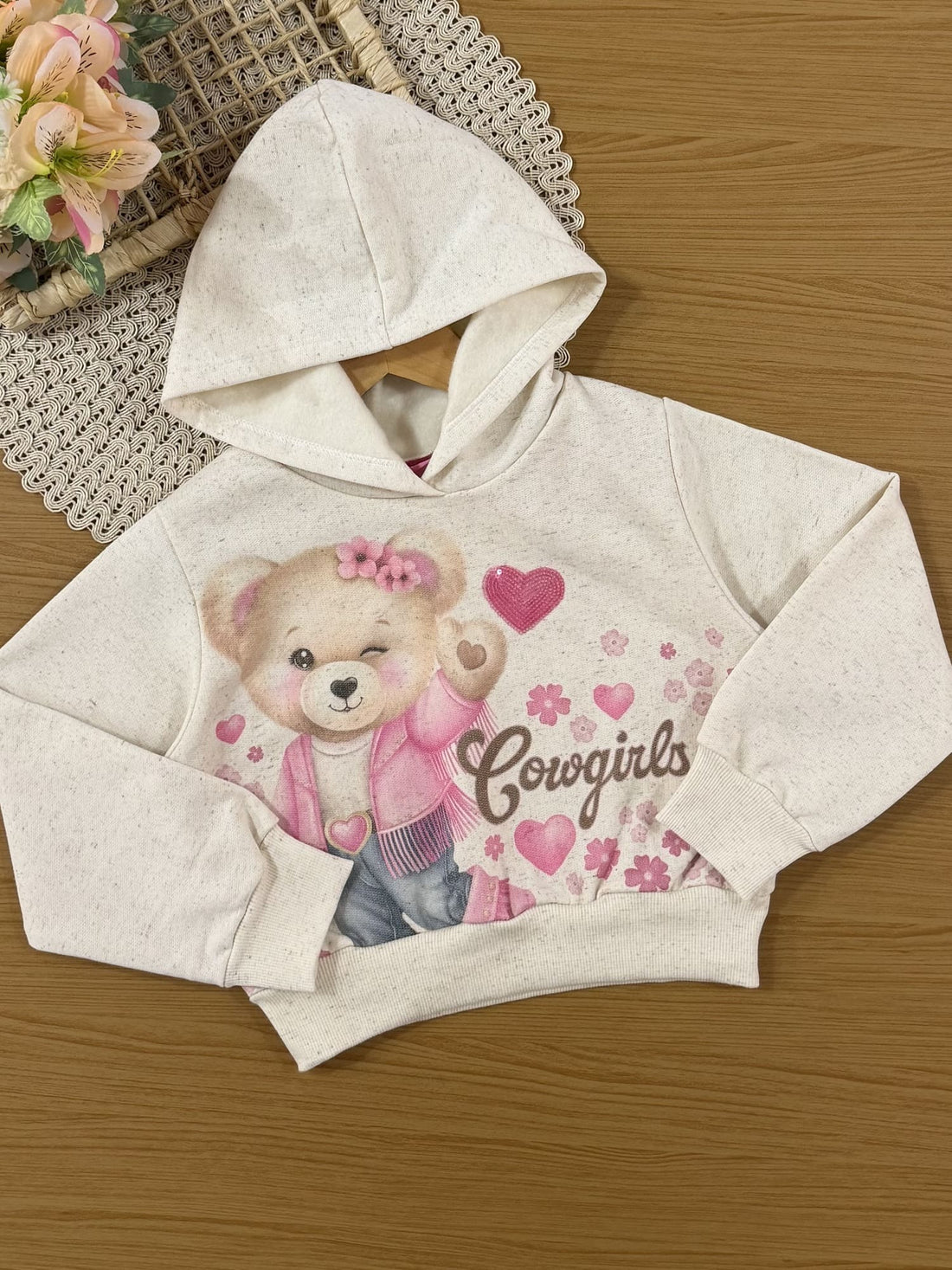 Conjunto Infantil Cinti Inverno com Calça e Moletom Flanelado Off White Ursinha Coração