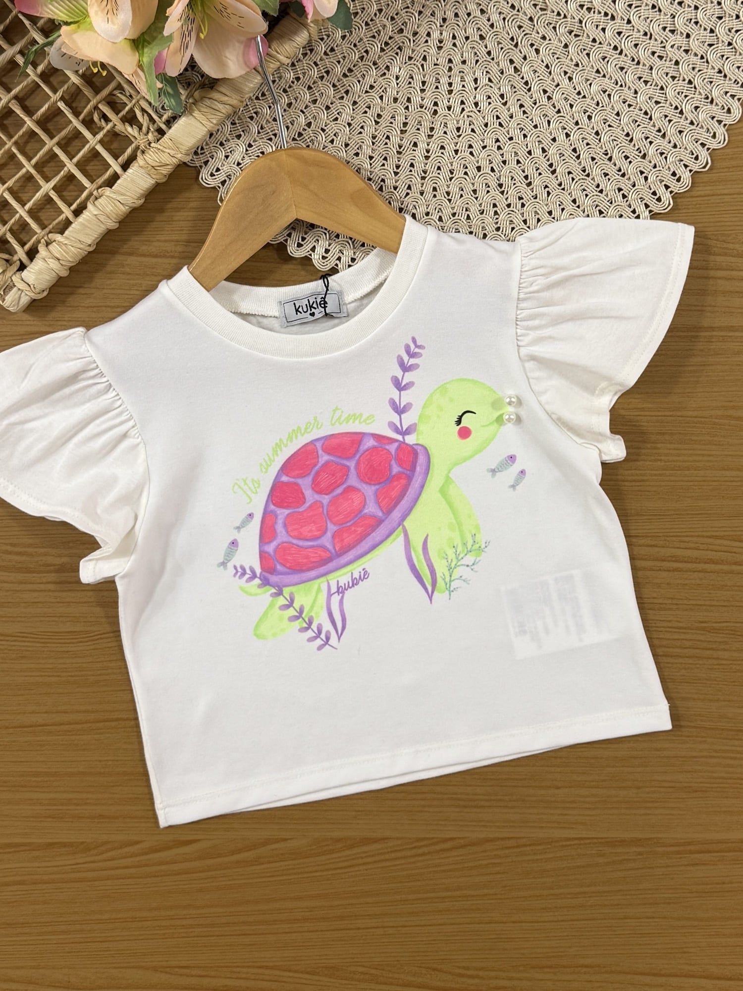 Conjunto Infantil Kukiê Verão com Shorts Verde e Blusa Branca Tartaruga
