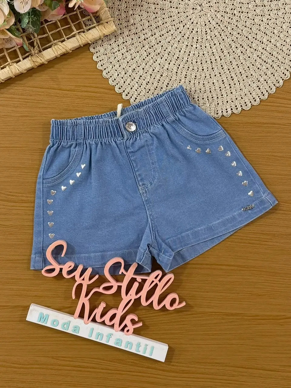 Shorts Infantil Menina Kukiê Jeans Corações