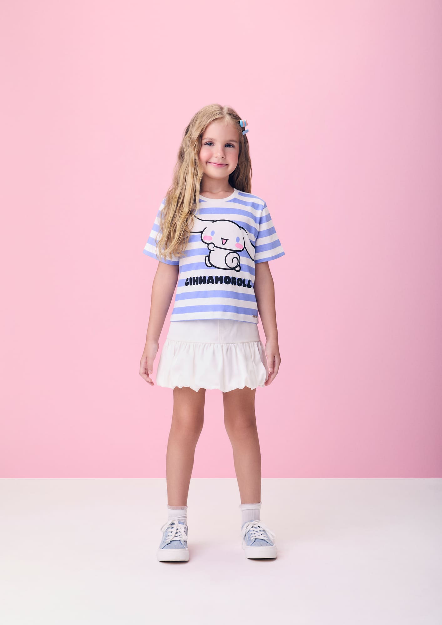 Blusa Infantil Momi Verão Azul Listrada Cinnamoroll