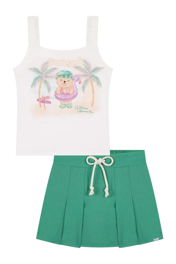 Conjunto Infantil Kukiê Verão com Shorts Saia Verde e Blusa Branca Ursinha na Praia