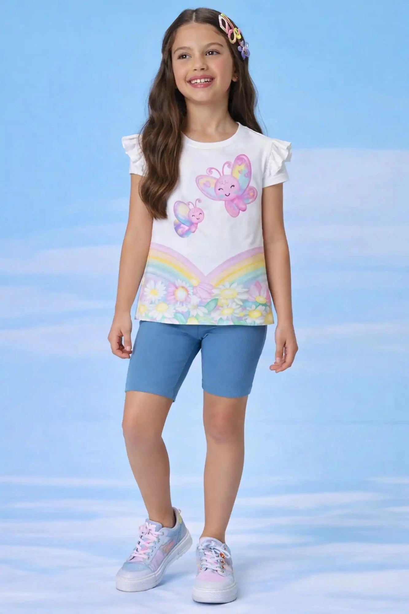 Conjunto Infantil Kukiê Inverno com Shorts Ciclista Azul e Blusa Manga Curta Borboletas