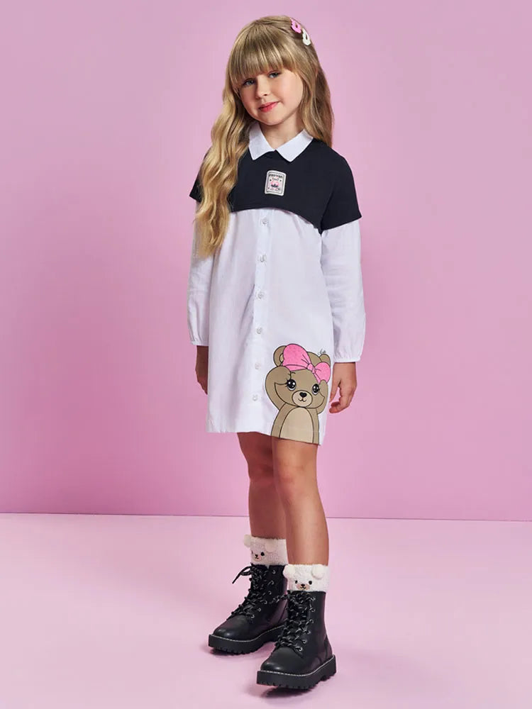 Vestido Infantil Cinti Inverno Manga Longa Com Cropped Preto Sobreposto Ursinha Fashion