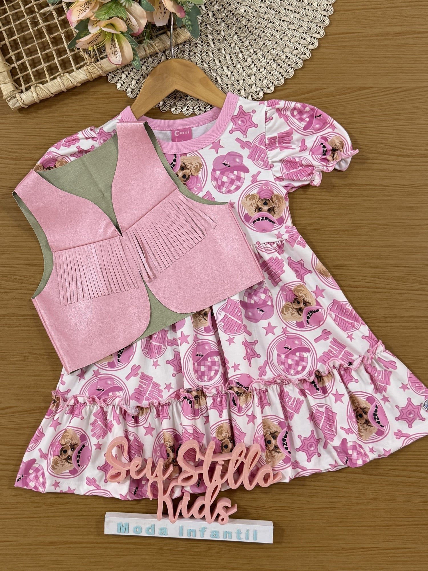 Vestido Infantil Cinti Verão Rosa Cachorrinha Cowboy com Colete