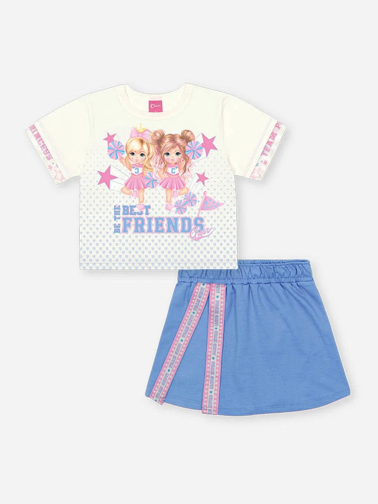 Conjunto Infantil Cinti Verão com Shorts Saia Azul e Blusa Lider de Torcida Best Friends