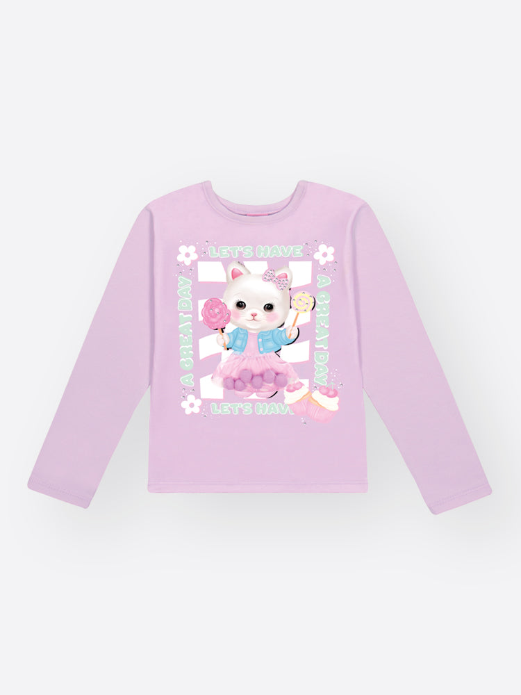 Conjunto Infantil Cinti Inverno com Shorts e Blusa Manga Longa Lilás Gatinha Docinhos