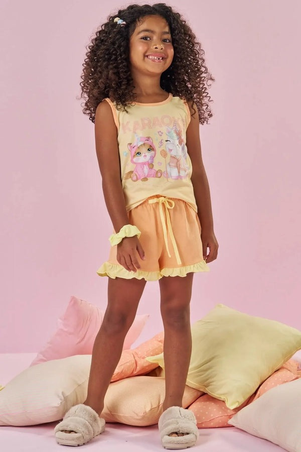 Pijama Infantil Kukiê Verão com Shorts Laranja e Regata Amarela Bichinhos Karaoke