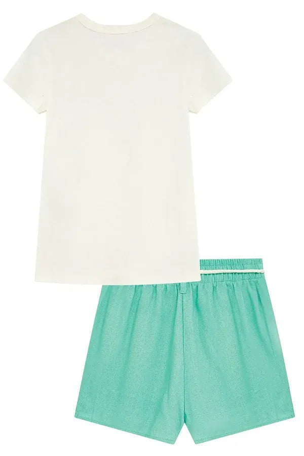 Conjunto Infantil Menina Kukiê com Shorts Saia Verde e Blusa Florzinha