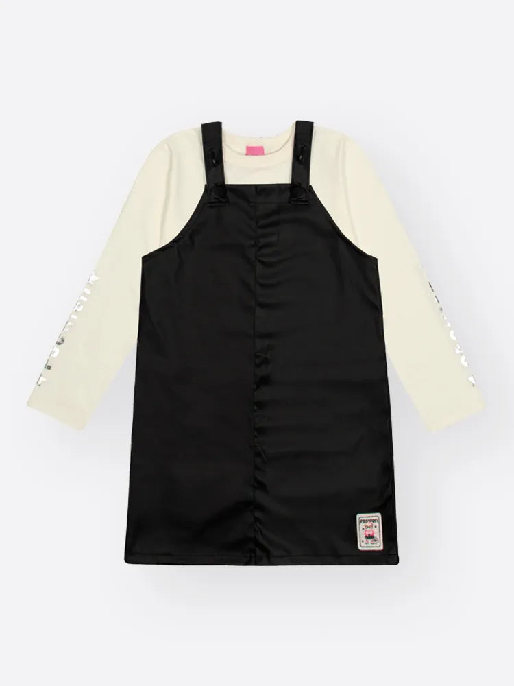 Conjunto Infantil Cinti Inverno Salopete Preta Courino e Blusa Manga Longa Branca