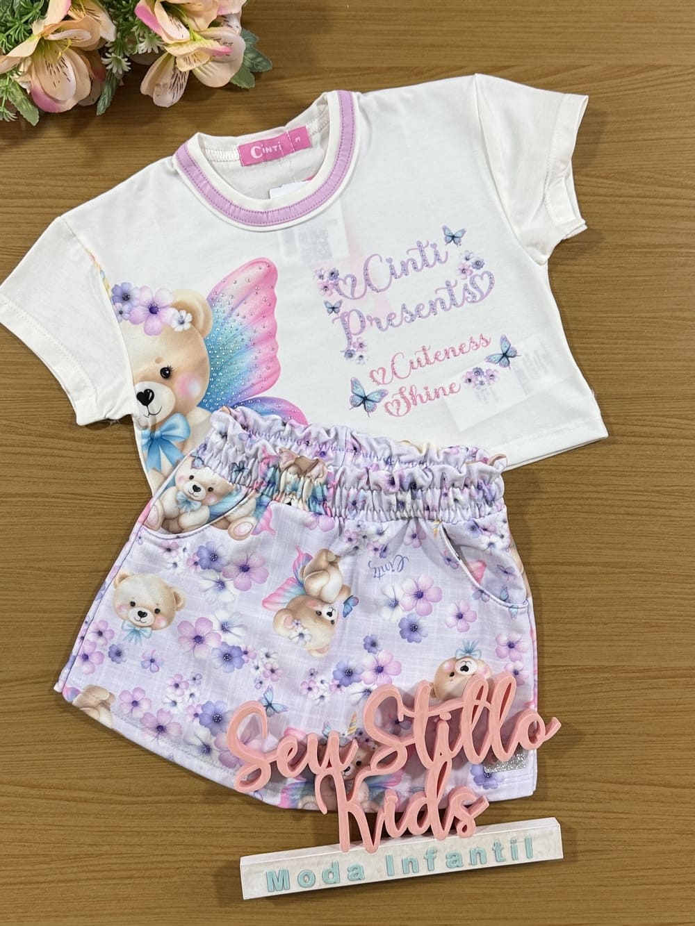 Conjunto Infantil Cinti Verão Shorts Saia e Blusa Fada Ursinha