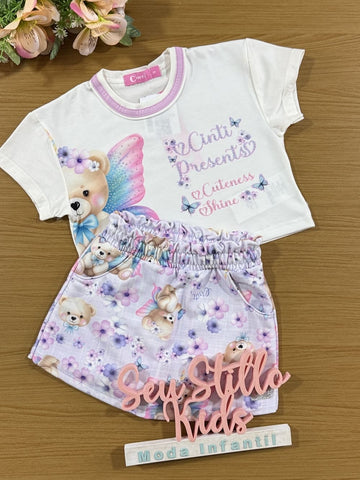 Conjunto Infantil Cinti Verão Shorts Saia e Blusa Fada Ursinha