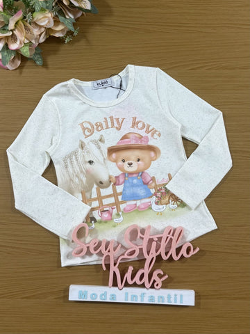 Blusa Infantil Kukie Inverno Manga Longa Off White Ursinha na Fazenda