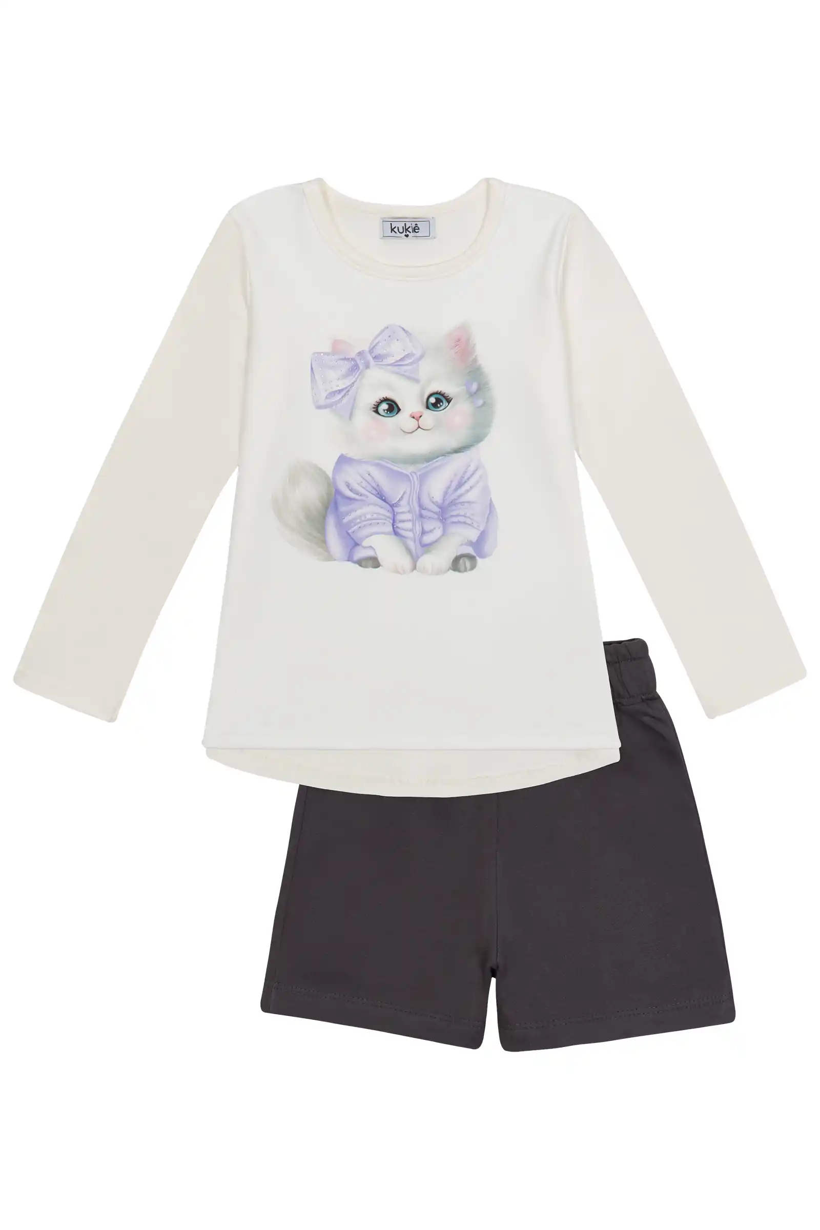 Conjunto Infantil Kukiê com Shorts Cinza e Blusa Manga Curta Gatinha