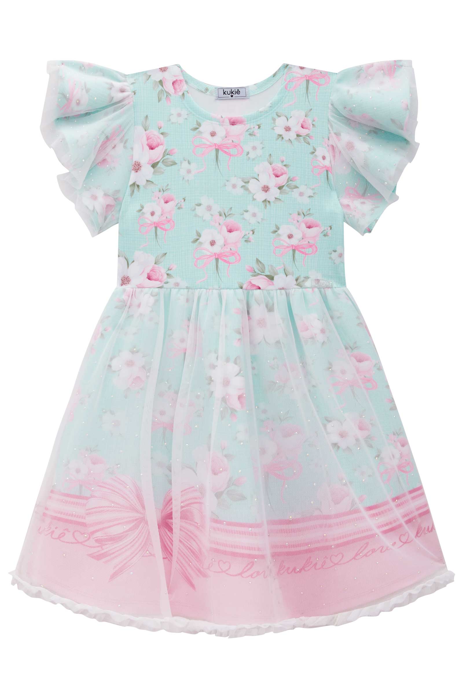 Vestido Infantil Kukie Verão Tule Verde Floral