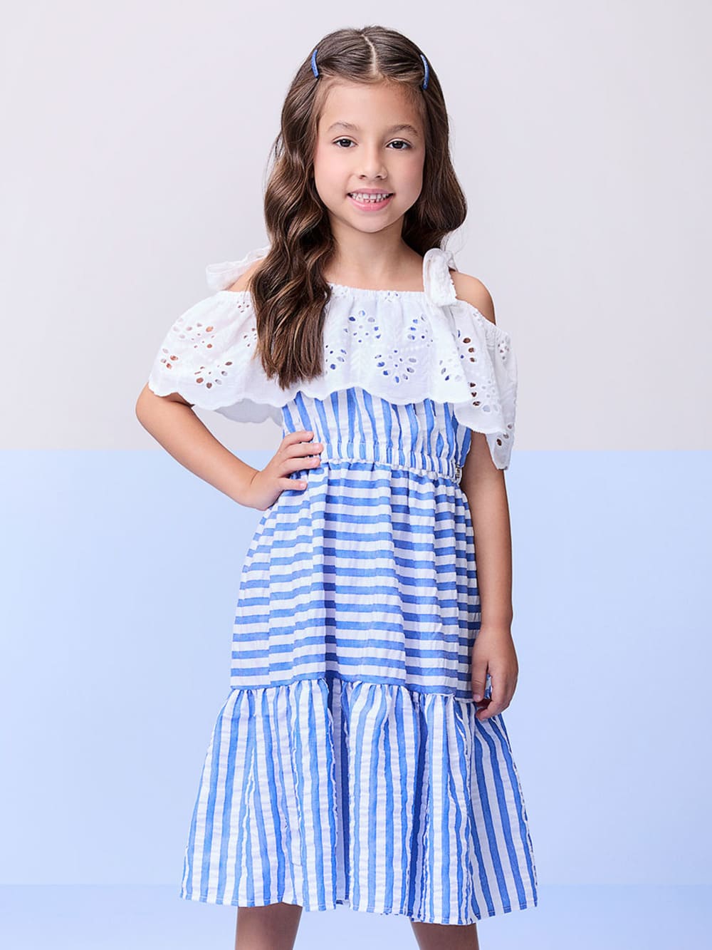 Vestido Infantil Momi Verão Azul Listrado com Babado Laise