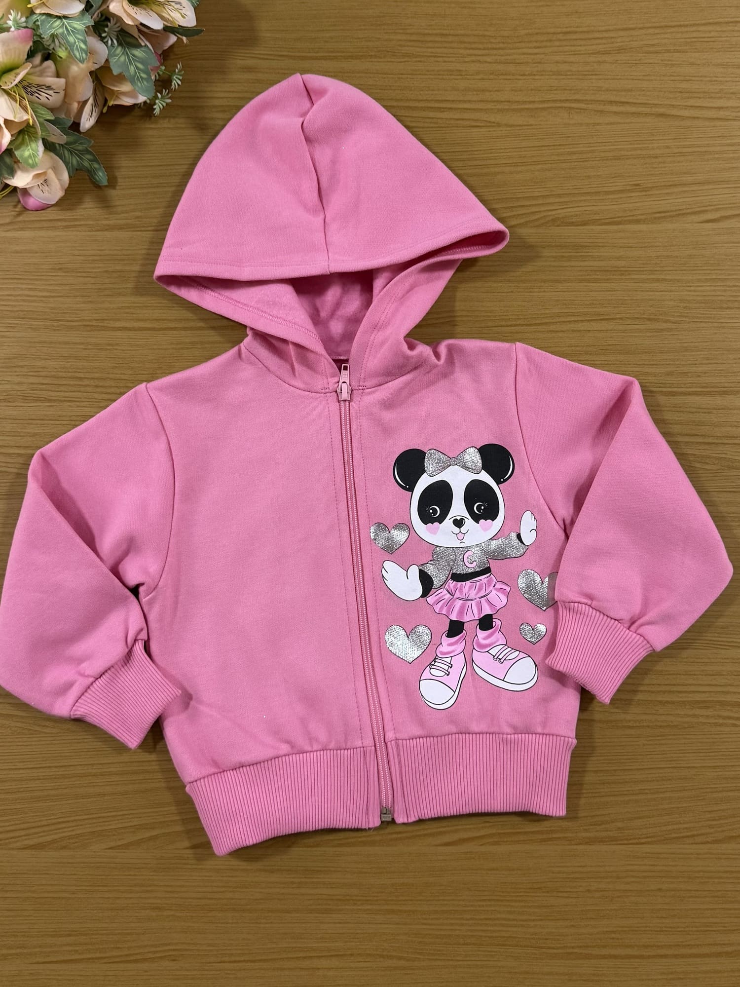 Conjunto Infantil Cinti Inverno Calça Wide Leg e Moletom Flanelado Rosa Panda
