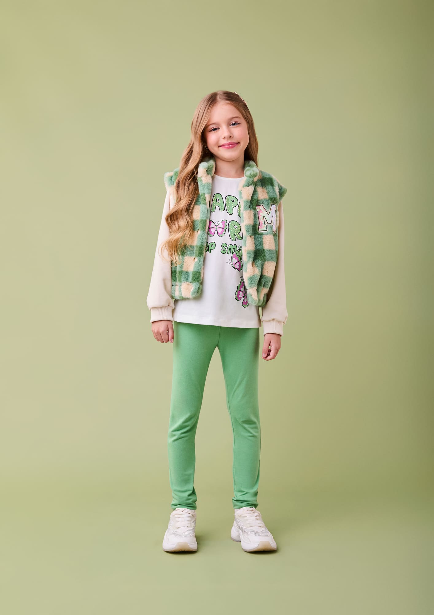 Conjunto Infantil Momi Inverno com Calça Verde e Blusa Manga Longa Branca Borboletas