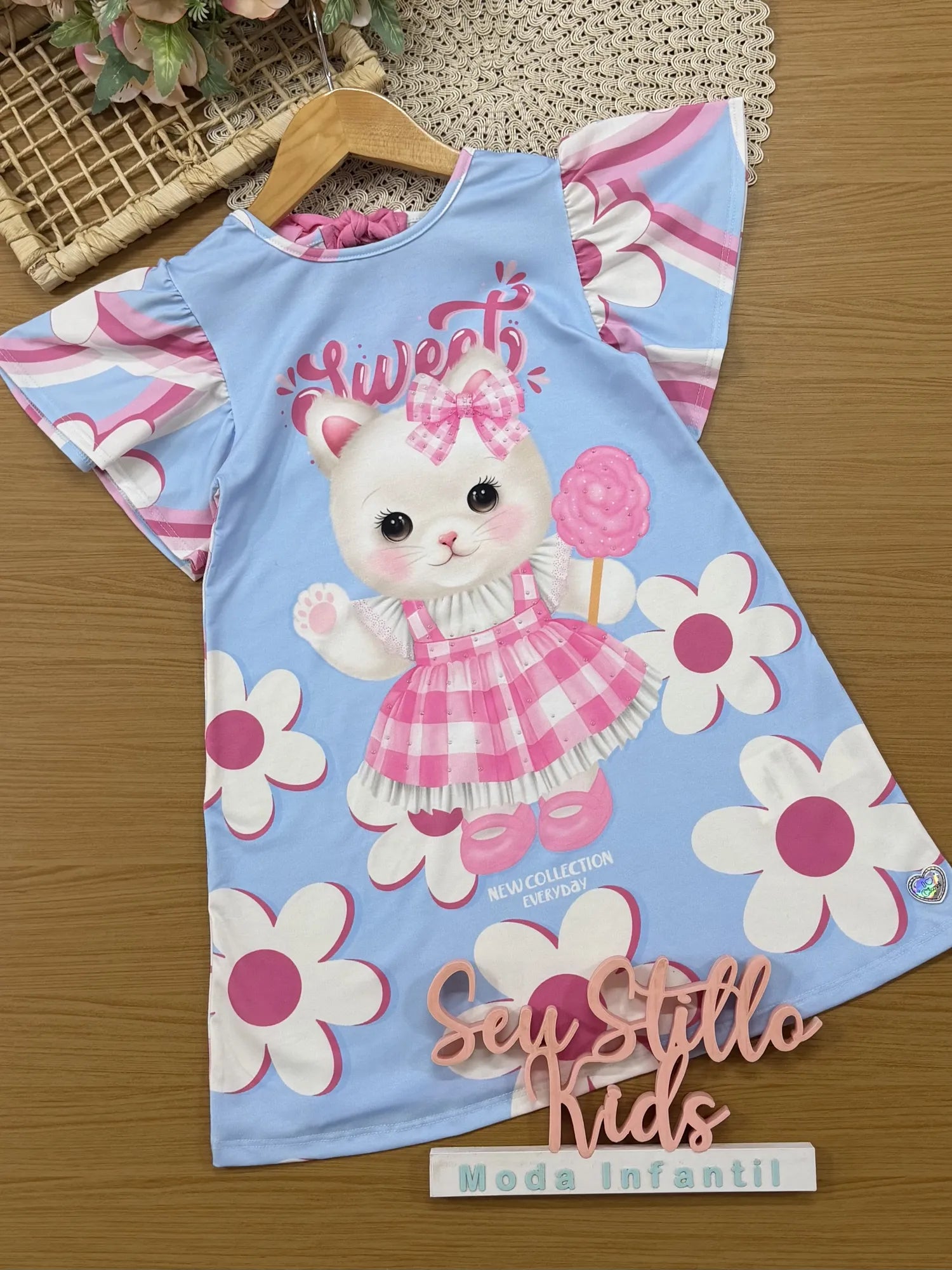 Vestido Infantil Cinti Inverno Manga Curta Gatinha Candy