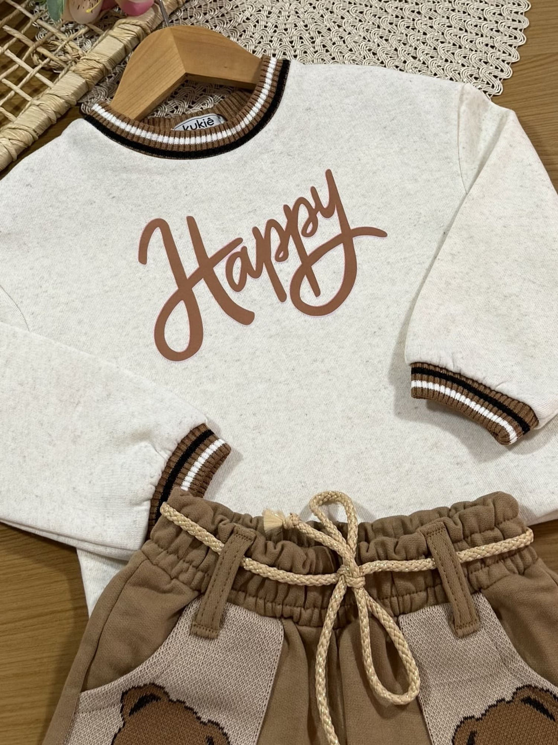 Conjunto Infantil Kukiê Inverno com Shorts Marrom Ursinho e Blusa Manga Longa Happy