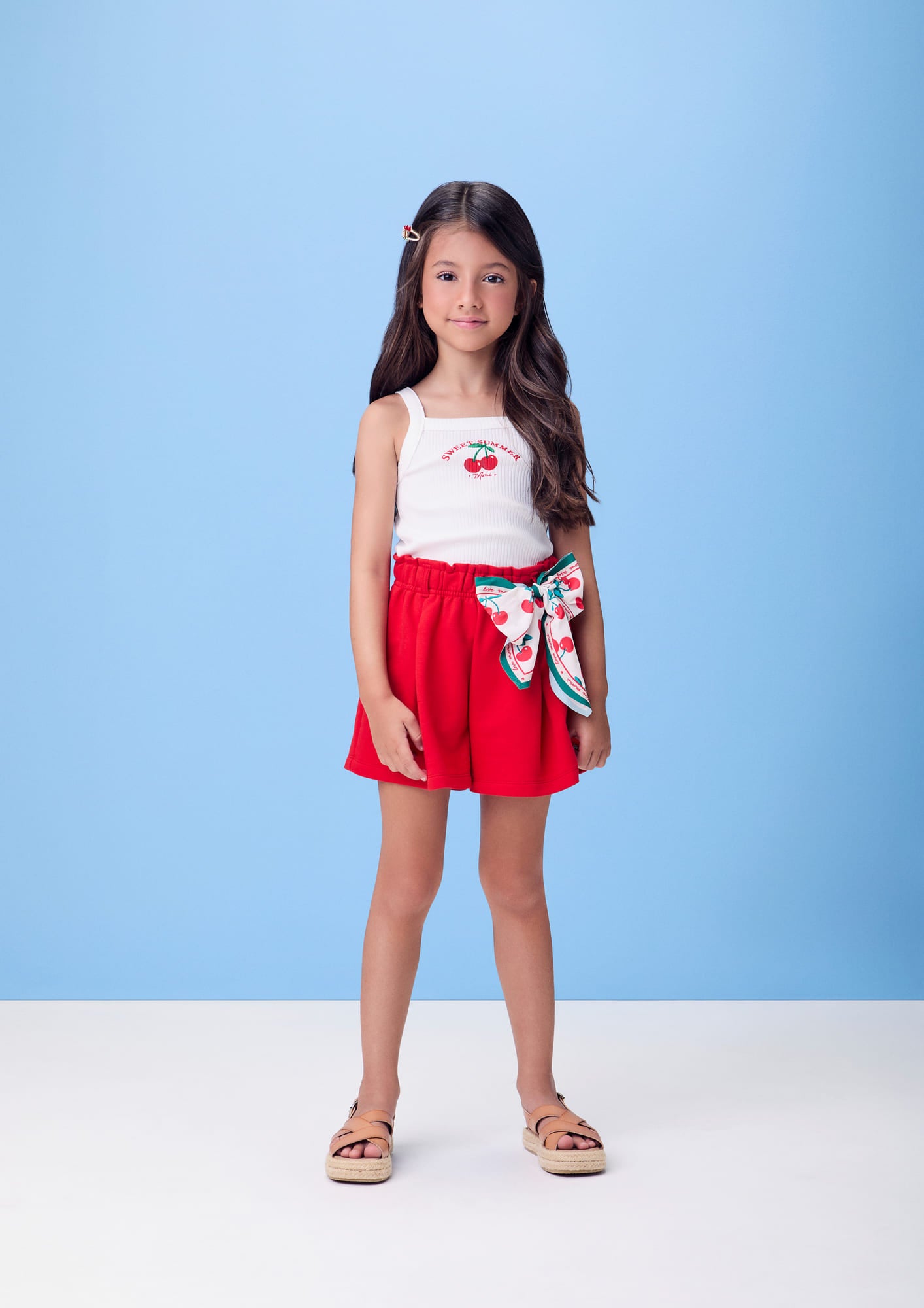 Conjunto Infantil Momi Verão com Shorts Vermelho Lacinho e Regata Branca Cerejinha