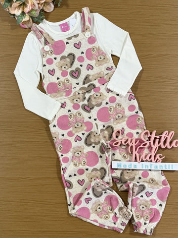 Jardineira Infantil Cinti Inverno Ursinhos Rosa e Blusa Manga Longa