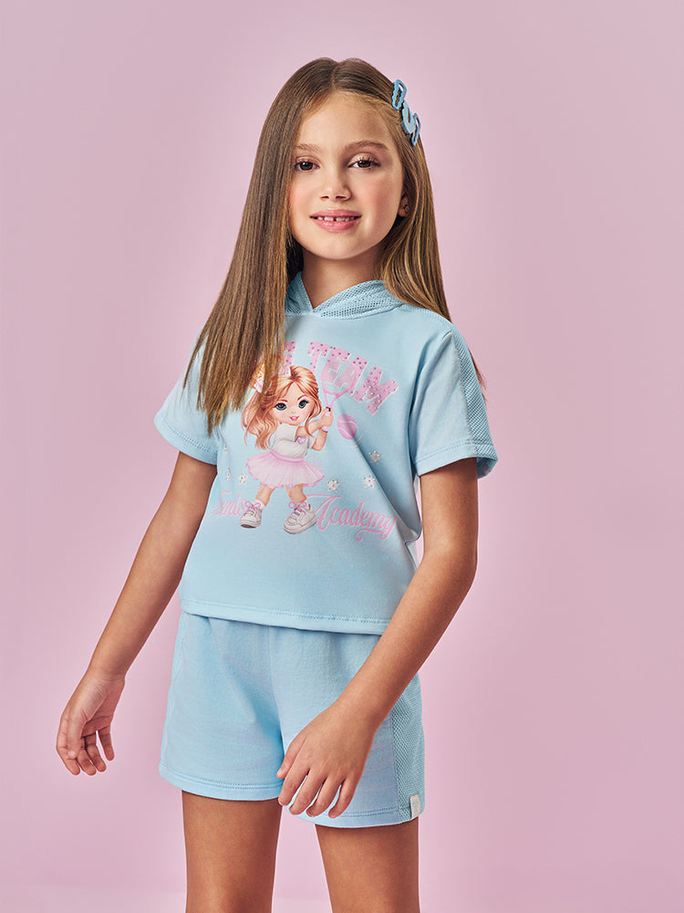 Conjunto Infantil Cinti Verão com Shorts e Blusa Azul Menininha Tênista