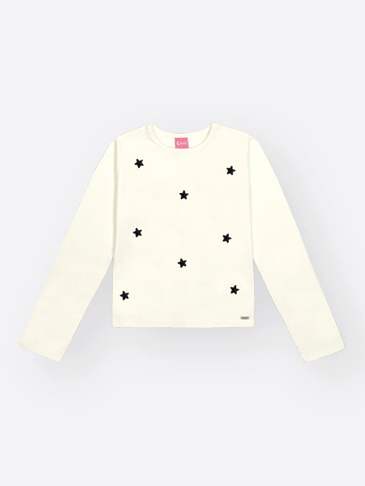 Blusa Infantil Cinti Inverno Manga Longa Branca Estrelinhas Preta