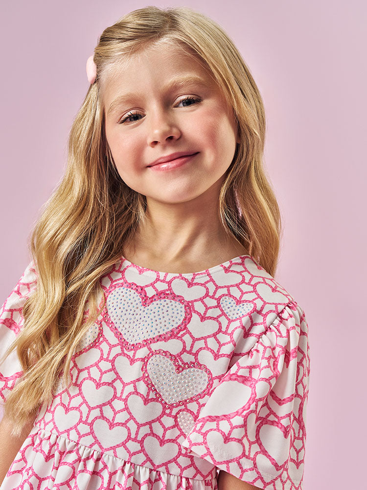 Vestido Infantill Cinti Verão Branco Corações com Strass