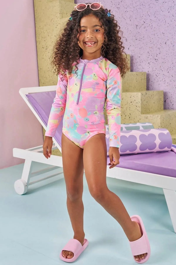 Maiô Infantil Kukiê Verão Manga Longa Colorido Tartaruguinha