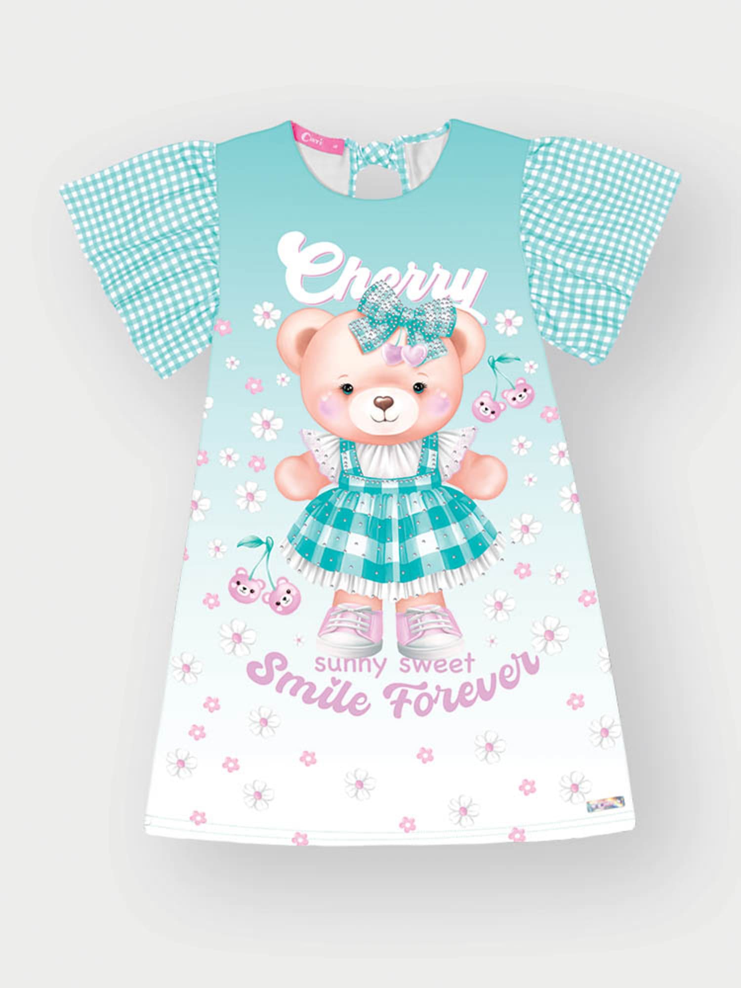 Vestido Infantil Cinti Verão Manga Curta Azul Xadrez Ursinha Floral