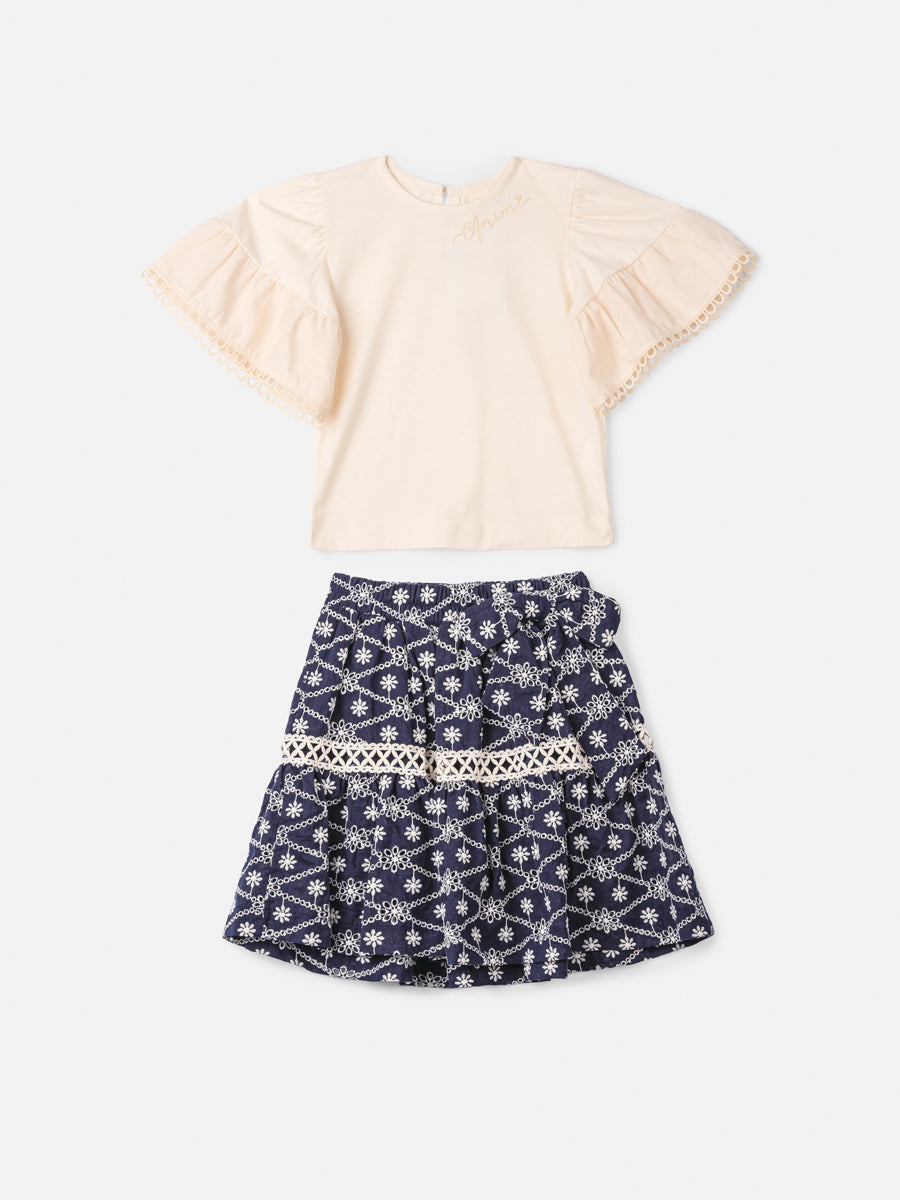 Conjunto Infantil Animê Verão Saia Bordada e Blusa