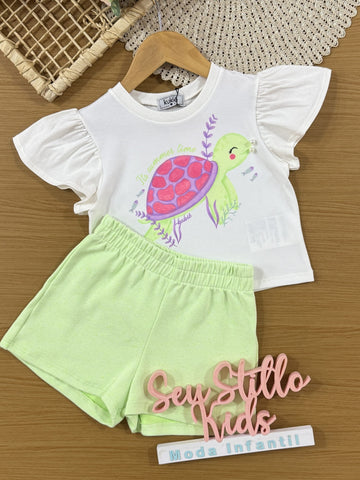 Conjunto Infantil Kukiê Verão com Shorts Verde e Blusa Branca Tartaruga