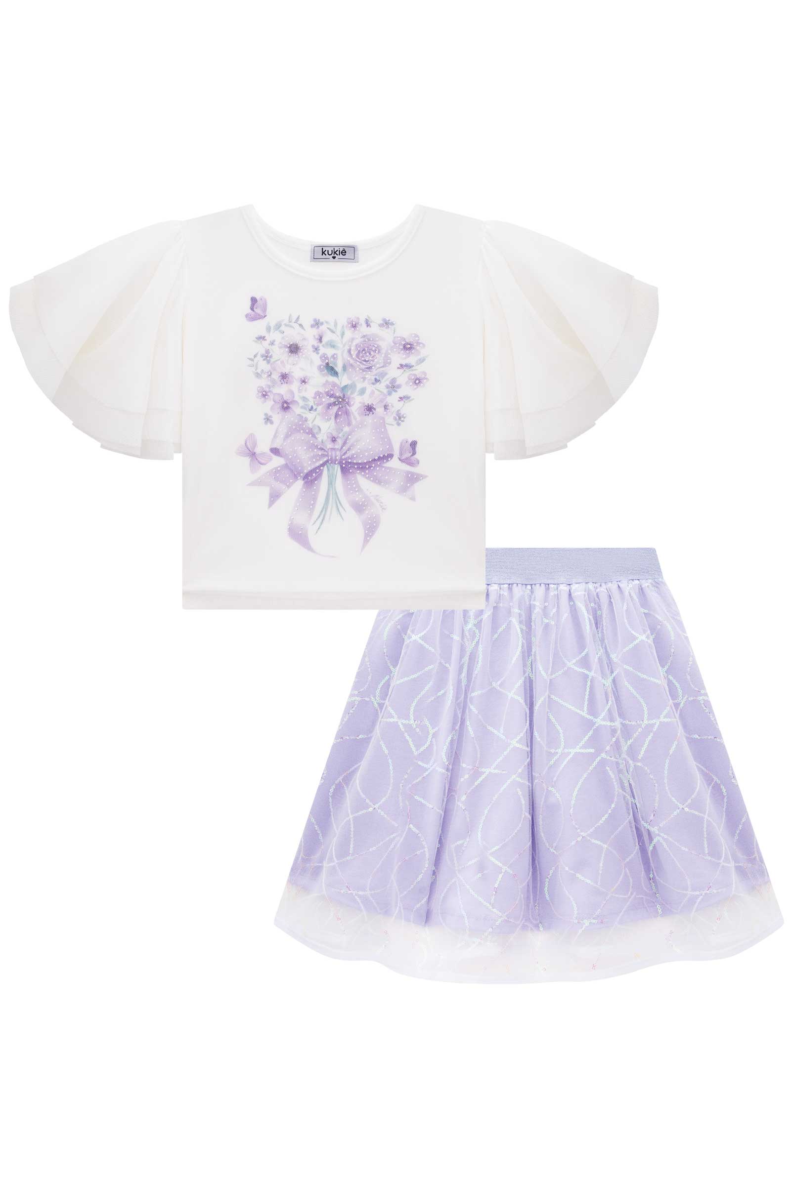 Conjunto Infantil Kukie Verão Saia Tule Lilás e Blusa Tule Laço