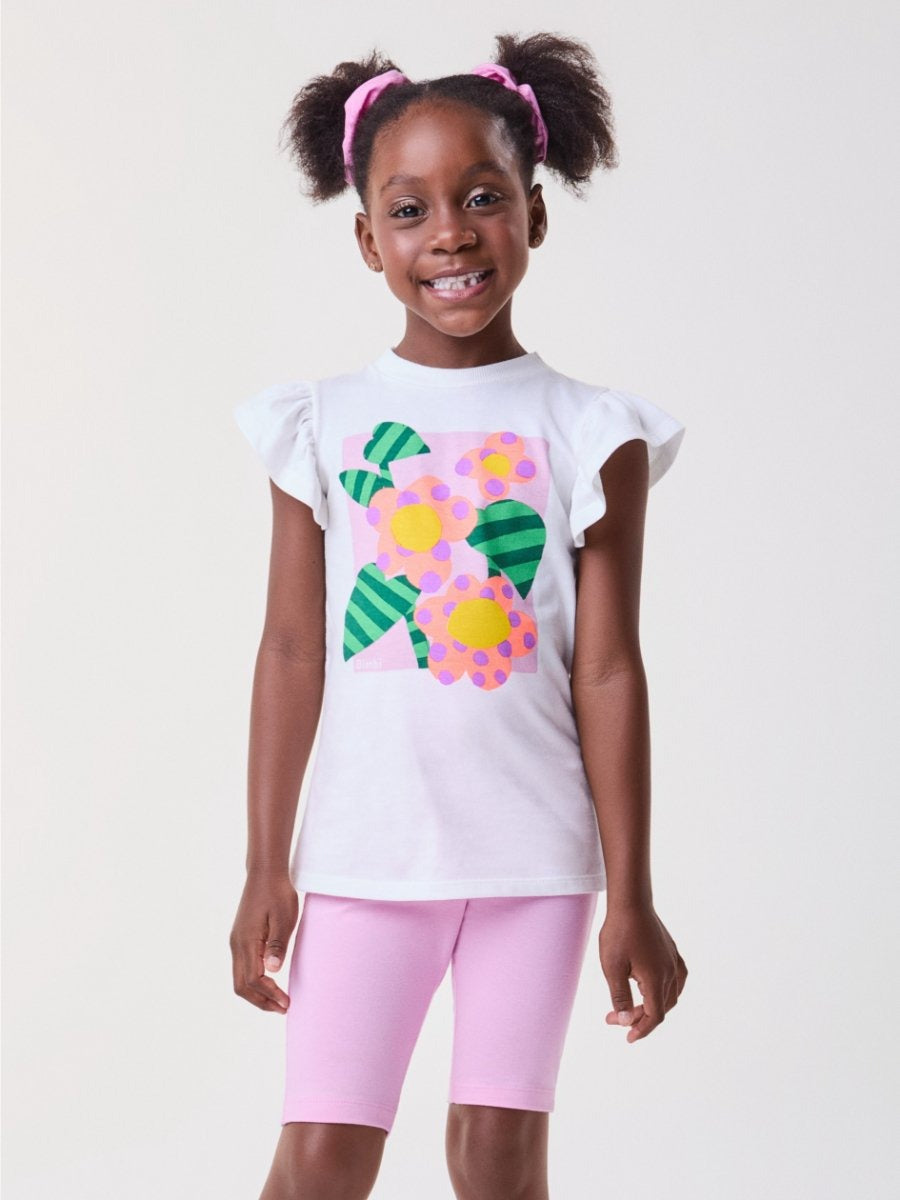 Conjunto Infantil Bimbi Verão com Shorts Ciclista Rosa e Blusa Branca Floral