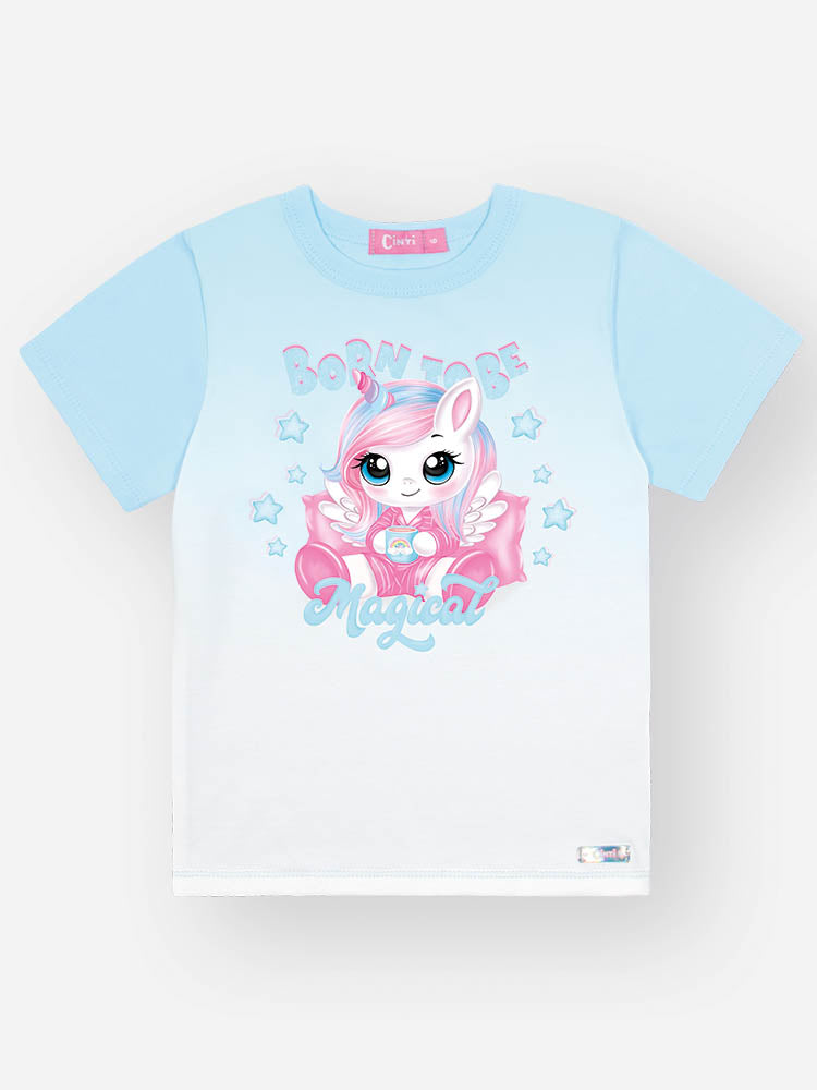 Pijama Infantil Cinti Verão com Shorts e Blusa Azul Unicórnio Magical