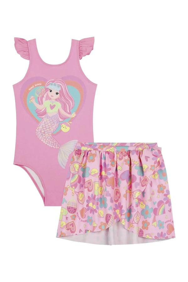 Maiô Infantil Kukiê Verão Rosa Sereia Tênista com Saida de Praia Estampada