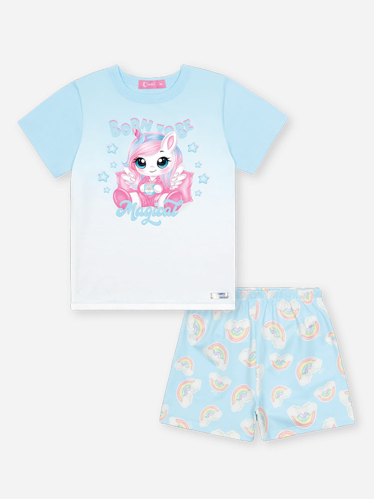 Pijama Infantil Cinti Verão com Shorts e Blusa Azul Unicórnio Magical