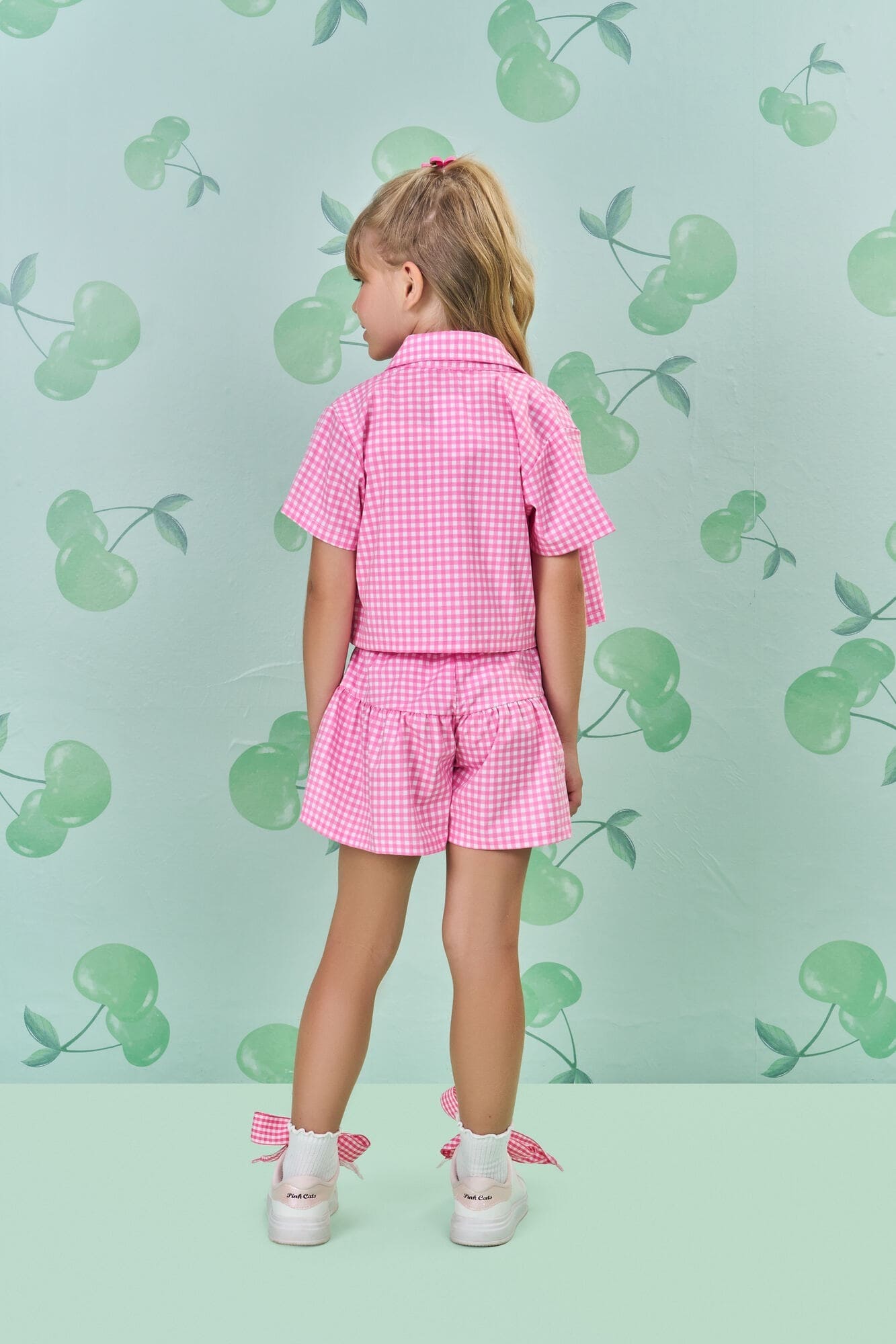 Conjunto Infantil Cinti Verão com Shorts, Blusa e Sobreposição Rosa Xadrez