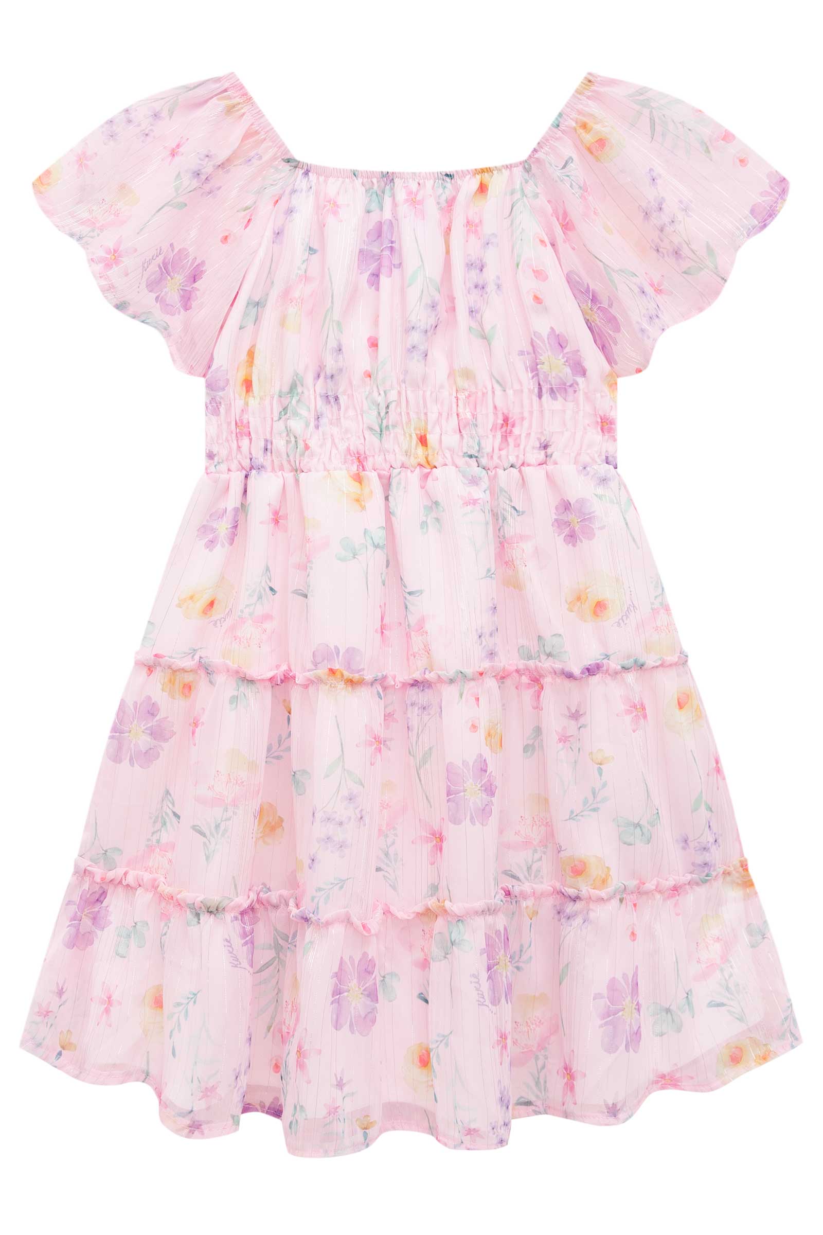 Vestido Infantil Kukie Verão Chiffon Rosa Floral