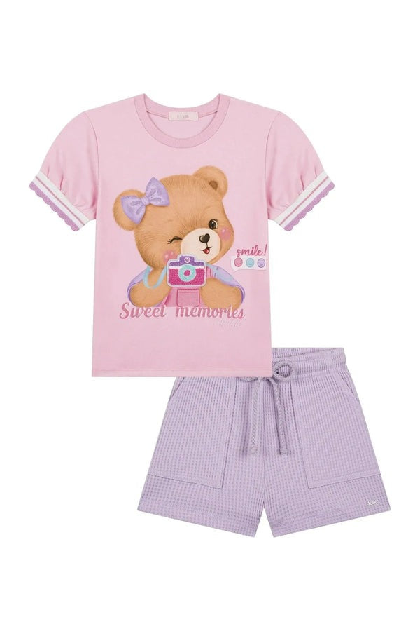 Conjunto Infantil Kukiê Verão com Shorts Lilás e Blusa Rosa Ursinha Fotografa