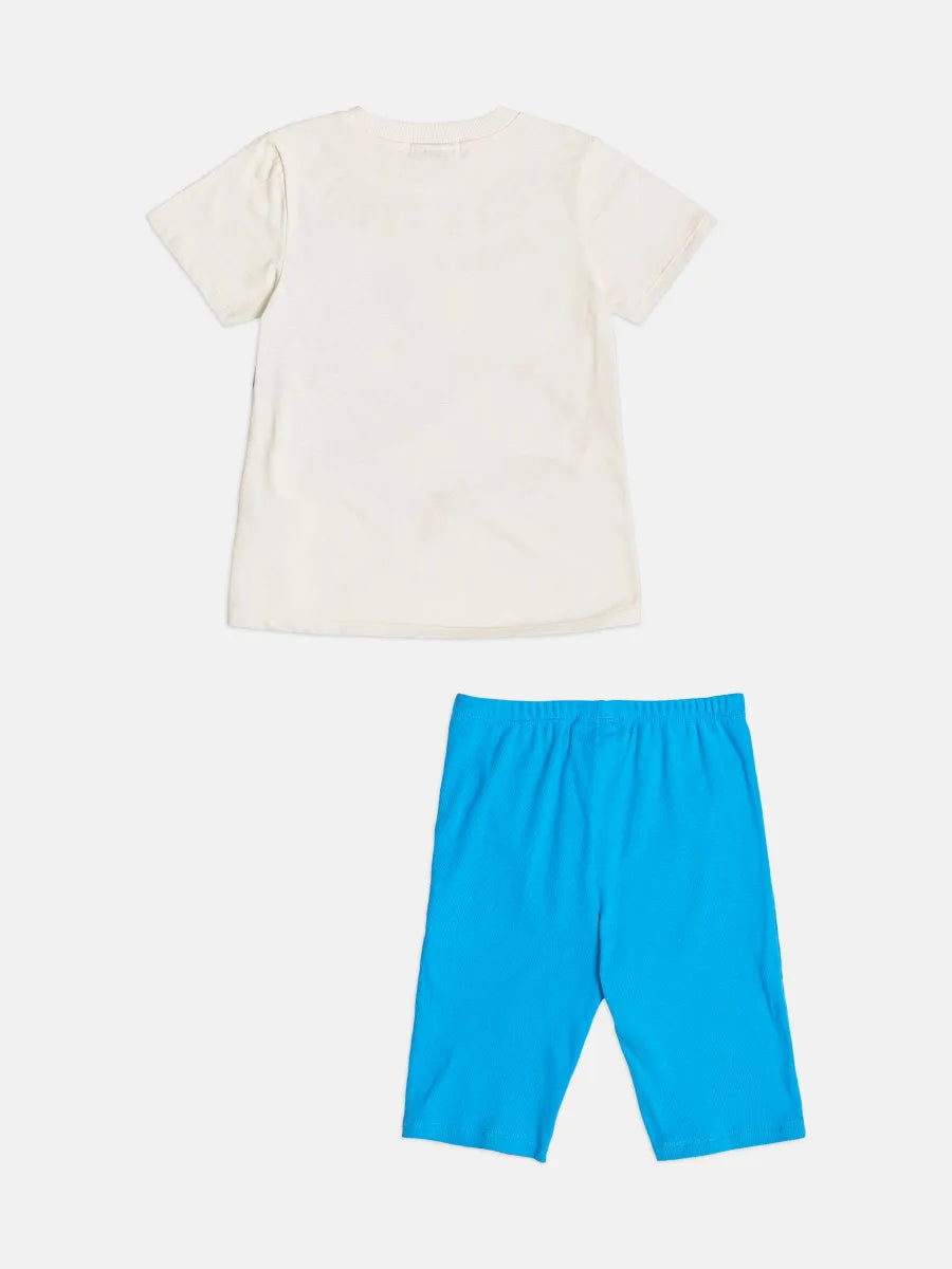 Conjunto Infantil Menina Bimbi Shorts Ciclista Azul e Blusa Cat and Fish