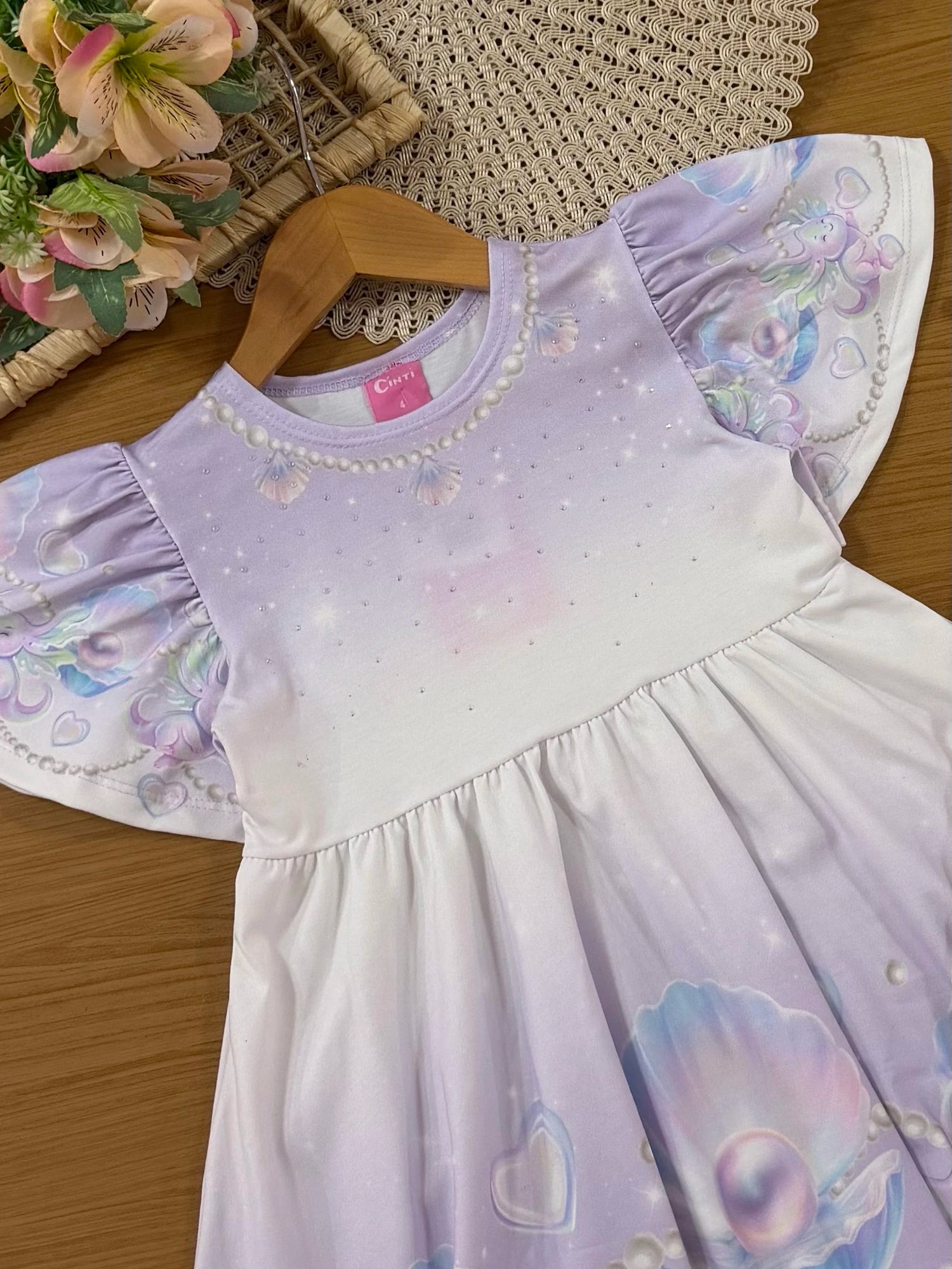Vestido Infantil Cinti Verão Lilás Axolote e Conxinhas com Bolsinha