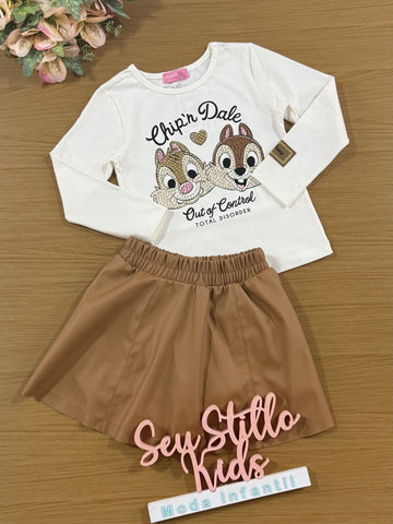 Conjunto Infantil Momi Inverno com Saia Marrom e Blusa Tico e Teco com Strass Disney