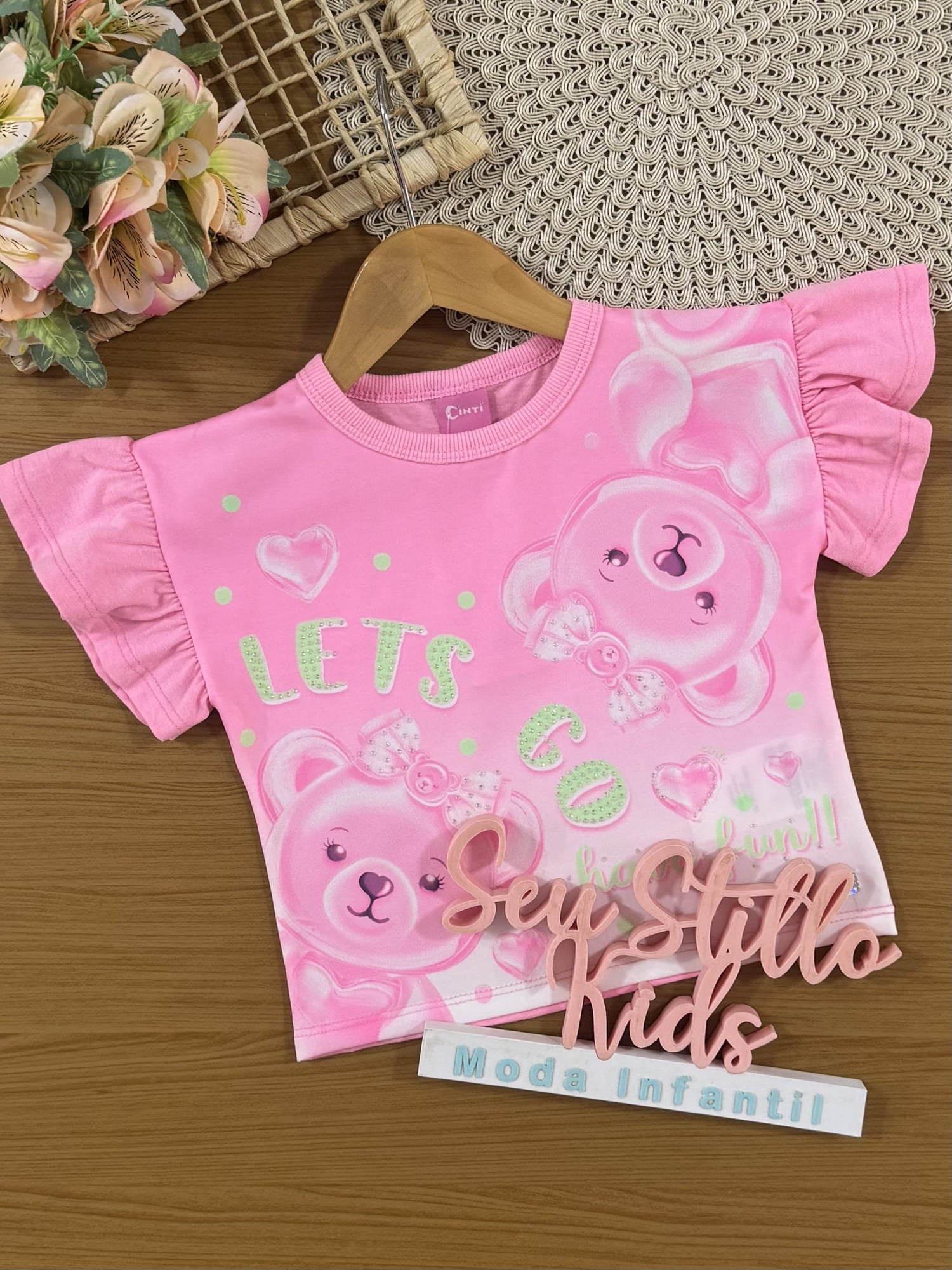Blusa Infantil Cinti Verão Rosa Ursinhas com Strass