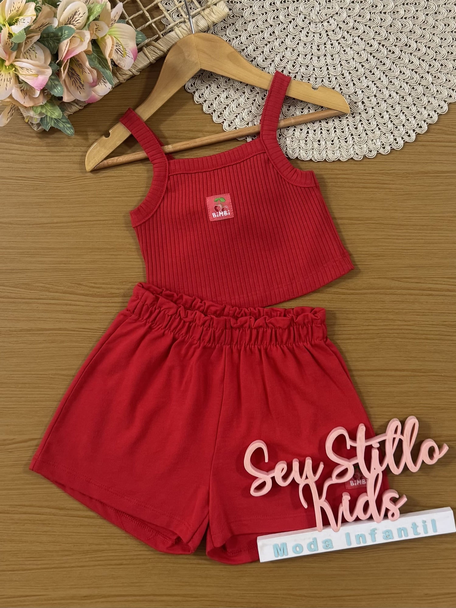 Conjunto Infantil Bimbi Verão com Shorts e Regata Vermelha Cerejinha